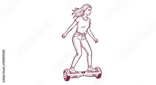 Woman riding a hoverboard in a dynamic pose with flowing hair