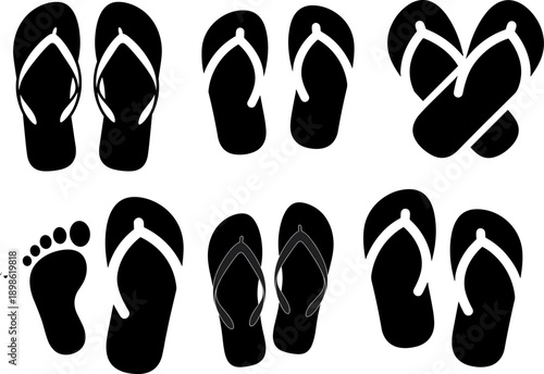 Comprehensive Collection of Black Flip-Flop Silhouette Vector Icons and Footprint Graphic Set: Essential Summer Beach Footwear and Holiday Travel Symbols.