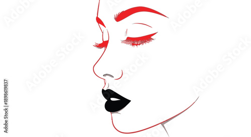 Womans face with red eyes and black lips in a minimalist line drawing style