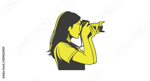 Woman taking a photo with a camera from side view in yellow