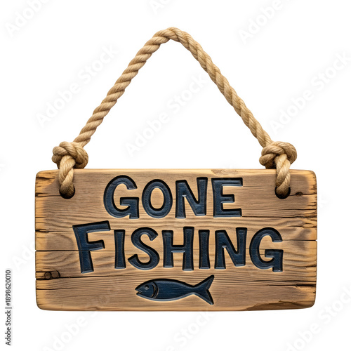 Rustic wooden “Gone Fishing” sign hanging on rope. Vintage handmade decor for fishing, cabin, or coastal themes, isolated on white or transparent background. PNG format.