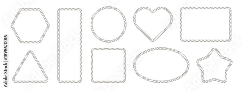 Rope frame border set isolated on white bg. Hexazon, square, oval and heart shape in sea sailor theme, nautical rope collection, flat vector illustration. Travel and marine loop and cord frames.