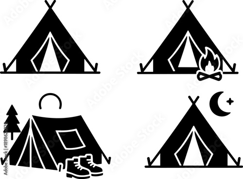 Essential Camping & Outdoor Adventure Glyph Icons: Solid Vector Set Featuring Tent, Campfire, Hiking Gear, and Night Scenes for Wilderness Exploration Apps and Websites.