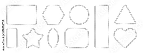 Rope frame border set isolated on white bg. Hexazon, square, oval and heart shape in sea sailor theme, nautical rope collection, flat vector illustration. Travel and marine loop and cord frames.