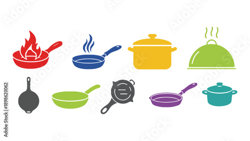 A colorful collection of kitchen cookware and utensils on a white background