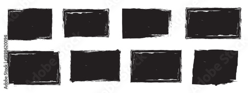 Set of rectangular grunge template backgrounds. Black square shapes with ripped jagged borders on white background. Vintage grunge boxes for collage, text, banner, sticker design. Straight line vector