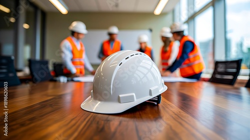 Construction safety helmet on table during team meeting in modern office