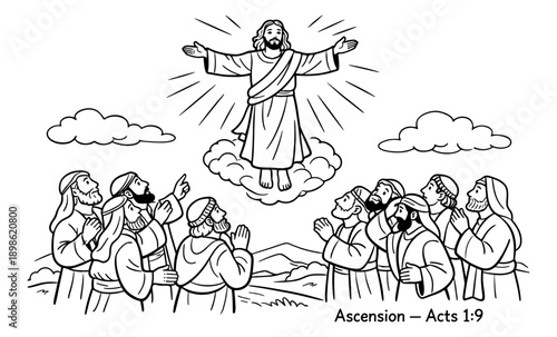 Jesus ascends to heaven on a cloud surrounded by his disciples watching