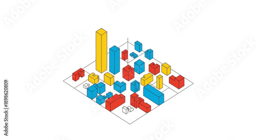 Minimalist Isometric City Map. Abstract Urban Planning Blocks, Data Visualization Concept, and Modular Architecture Structure in CMYK Colors.