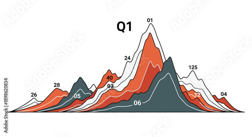 Dynamic Layered Area Graph Data Visualization. Q1 Business Performance Trends, Stacked Peak Statistics and Financial Growth Curve.