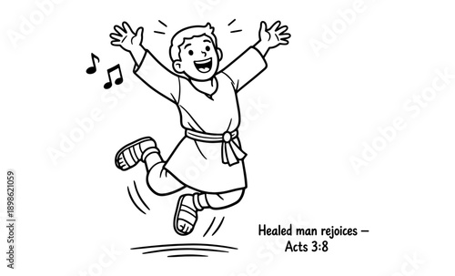 Joyful man leaps with arms raised in celebration, music notes float nearby