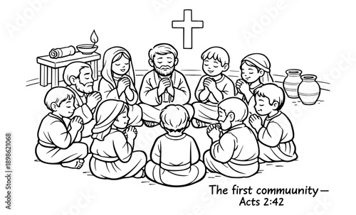 Christian disciples gather in prayer circle with Jesus and a cross overhead