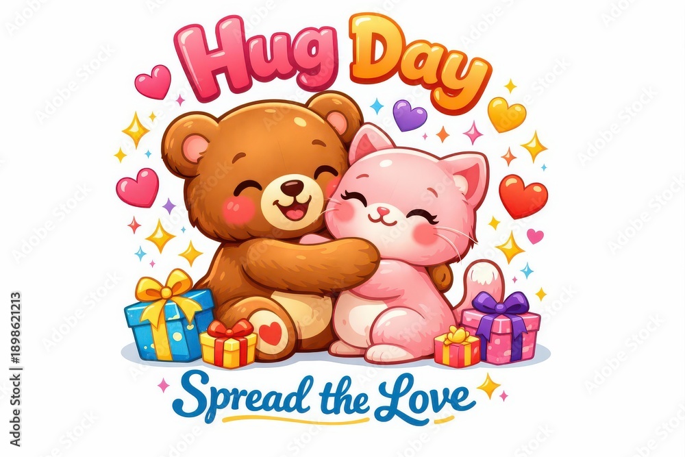 Obraz premium Bear and cat hugging with gifts for Hug Day presents