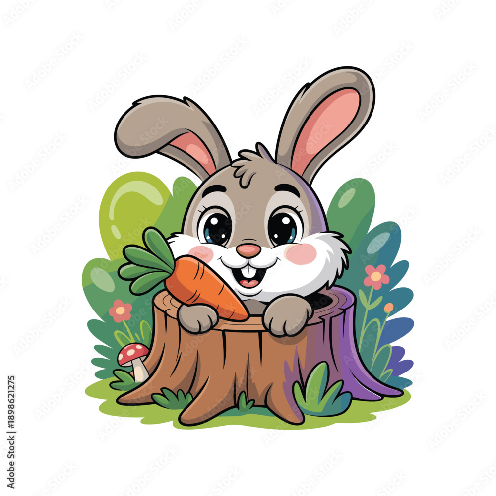 Obraz premium Cute Cartoon Bunny Holding Carrot in Tree Stump Illustration