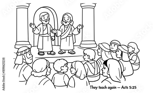 Two men preach to a crowd in ancient robes, standing on a platform with columns