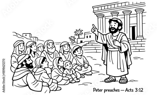 Biblical illustration of Peter preaching the gospel to a diverse crowd outside a temple
