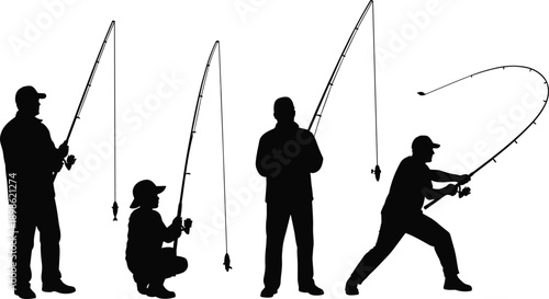 Black fishing silhouettes set showing anglers casting rods in different poses, outdoor sport activity icons isolated on white background for recreation, hobby, and leisure concepts