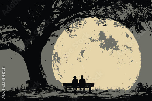 A silhouette illustration of a couple sitting on a bench under a large tree, gazing at the moon. This vector illustration, perfect for Valentine's Day, can be used in any size for advertising, logos, 