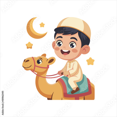 Cute Muslim Boy Riding Camel Cartoon Illustration Isolated on White Background