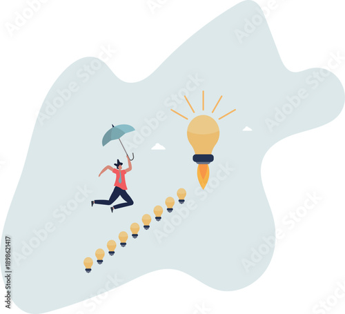 A businessman with an umbrella is rushing towards a good idea.life and employment of people.