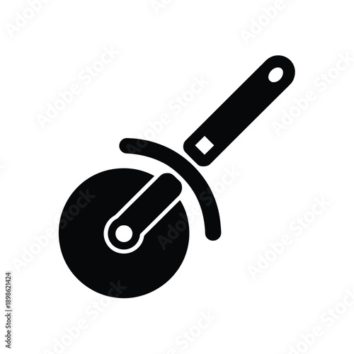 A simple black and white icon depicting a pizza cutter tool