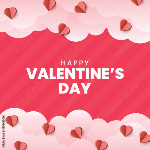 Happy Valentines Day with clouds and hearts, greeting card from February 14. Vector illustration.