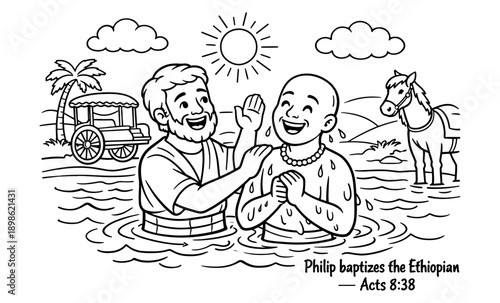 Philip baptizes the Ethiopian eunuch in water with a horse and chariot nearby