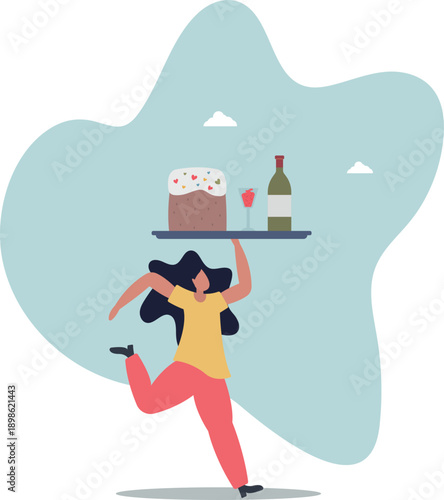 Wine and delicious Easter cake with heart-shaped patterns.