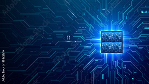 Circuit board background with detailed microchip and flowing connection lines. AI-powered semiconductor design with copy space for tech presentations digital concepts. Digital technology background