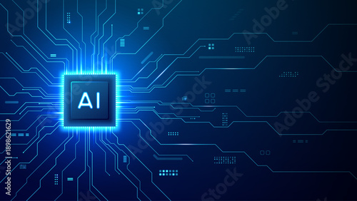 Technology background with luminous AI chip and light blue connections on motherboard. Digital processor concept with artificial intelligence core and complex circuit pathways in vector illustration.