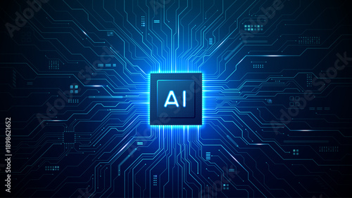 AI semiconductor circuit with glowing traces forming futuristic microchip architecture, showcasing advanced chip technology and digital intelligence systems in blue tones. Digital blue technology bg