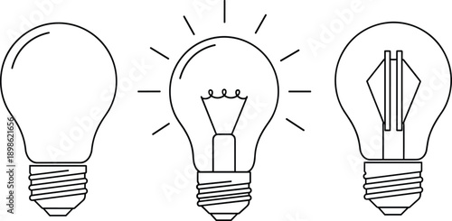 Vector set of black line art light bulb icons. Illustration of an idea, innovation, and creativity concept with on and off lamp symbols isolated on white.