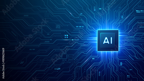 AI chip icon centered on semiconductor circuit board with glowing elements and wires. Microchip positioned right, leaving space for text on blue tech background. Digital blue technology background.