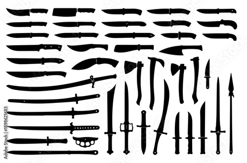 silhouette set of different kind of axes,knifes and swords fully black