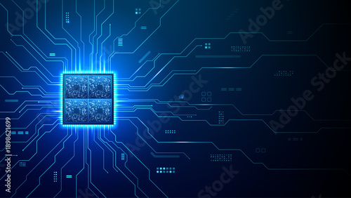 Abstract processor with glowing blue connections on technology background. Artificial intelligence chip concept with digital circuit design.