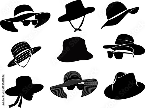 Stylish Collection of Vector Hat Silhouettes and Icons: Wide-Brim Sun Hats, Fedora, and Bucket Hats for Women's Summer Fashion, Beach Accessories, and Travel Graphics