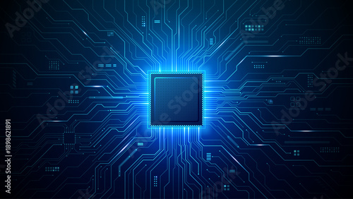 Circuit board design with AI chip at center glowing connections spreading across semiconductor surface forming intricate microchip patterns on white tech background. Digital blue technology background