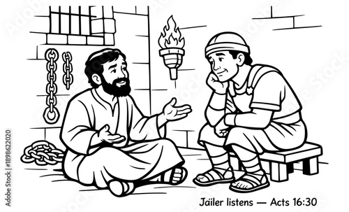 Biblical scene of Paul sharing the gospel with a jailer in prison