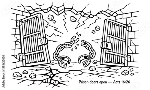 Prison doors burst open with broken chains and shackles symbolizing freedom