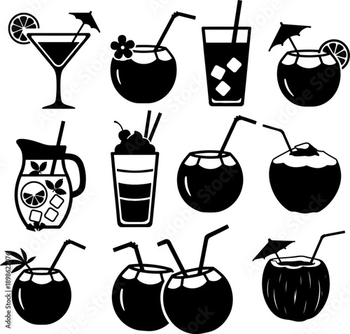 Tropical Summer Cocktails Vector Set: Silhouette Icons of Beach Drinks, Coconut Water, Martini, Lemonade Pitcher, and Ice Beverages for Bar Menu Design and Party Graphics