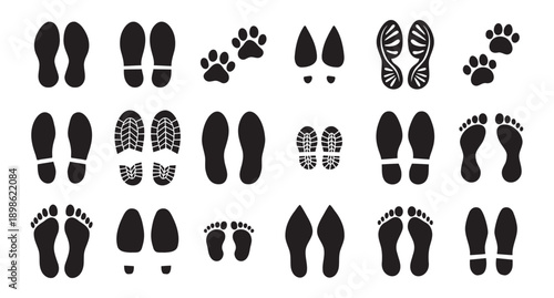 Human bare walk footprints shoes and shoe sole Kids feet vector set. footsteps icon or sign for print, trail Walking footstep and footprint follow route sale