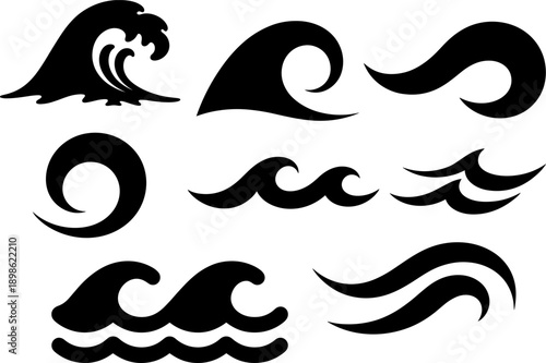 Dynamic Wave Icon Collection: 9 Black Vector Silhouettes Representing Ocean Swells, Surf, Water Movement, and Sea Power - Ideal for Logo, Tattoo, and Graphic Design Projects