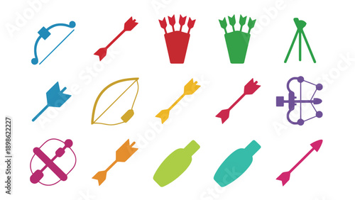 A colorful collection of archery icons and symbols on a white background