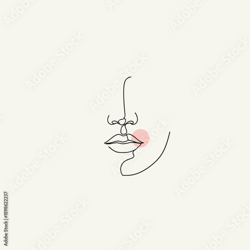 Minimalist Aesthetic Line Art Face - Modern Female Portrait Vector Illustration, One Line Drawing with Soft Pink Blush Detail for Beauty and Fashion Decor