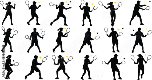 Black and white tennis player silhouettes featuring men and women in various action poses, serves, backhands, and professional sports movements.