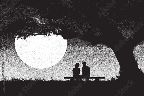 A silhouette illustration of a couple sitting on a bench under a large tree, gazing at the moon. This vector illustration, perfect for Valentine's Day, can be used in any size for advertising, logos, 