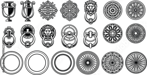 Black and white vector set of vintage door knockers, lion head handles, ornate floral rosettes, and classical architectural decorative elements.
