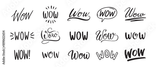 word WOW hand drawn lettering phrase or quote set. wow modern freehand style isolated on white background for print clipart.