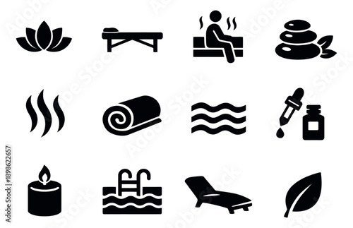 Glyph icon spa and wellness set featuring relaxation and treatment symbols for health and beauty concepts