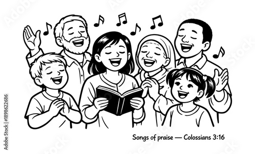 Diverse family and friends joyfully singing songs of praise from a book